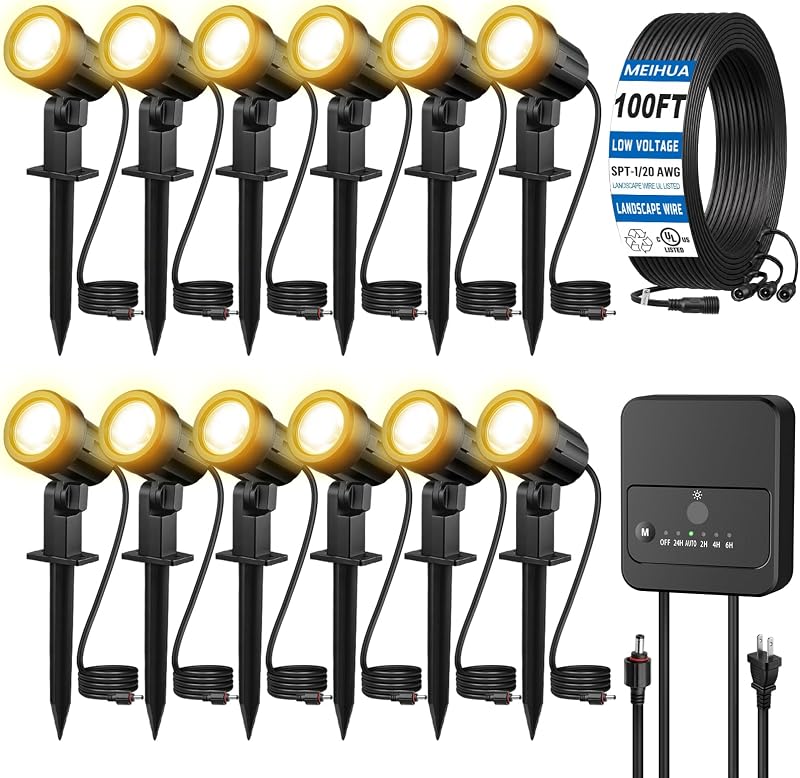 All-in-One Low Voltage Landscape Lighting Kit, Dusk to Dawn, 12-Pack | Quick 2-Min Setup, Plug & Play Landscape Lights with Transformer 100FT Wire, Waterproof Spot Lights for Garden Yard House