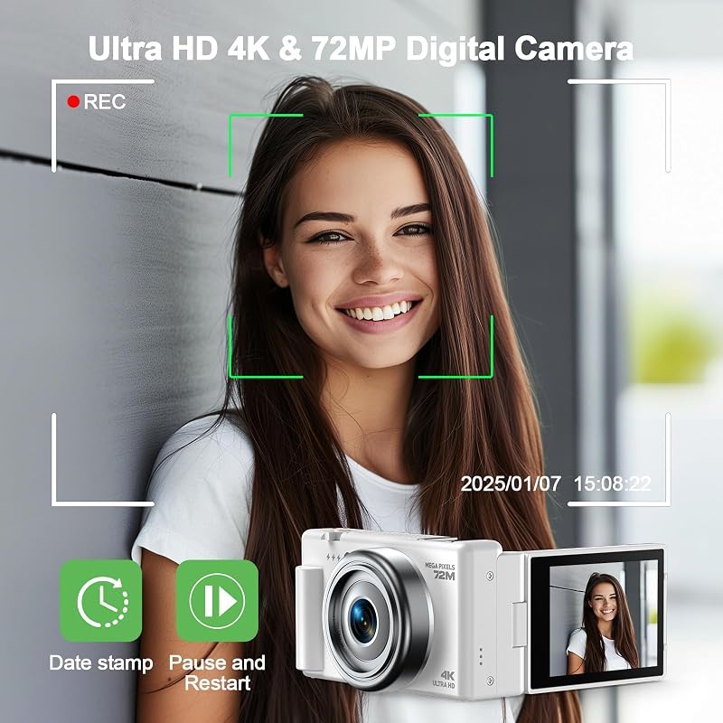CAMWORLD 72MP Digitális Fényképezőgép 4K Videóval - 18X Zoom, 270° Forgatható LCD Kijelző, Autofókusz, Képstabilizátor, Vlog Kamera