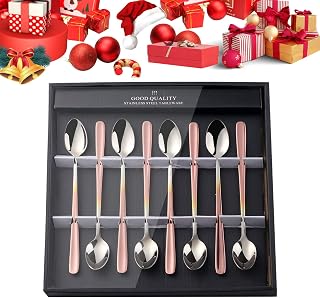 YDware 18/10 cucharas de té de hielo con mango largo, color oro rosa, de 18 pulgadas, de acero inoxidable 18/10, en caja de regalo negra, juego de 8