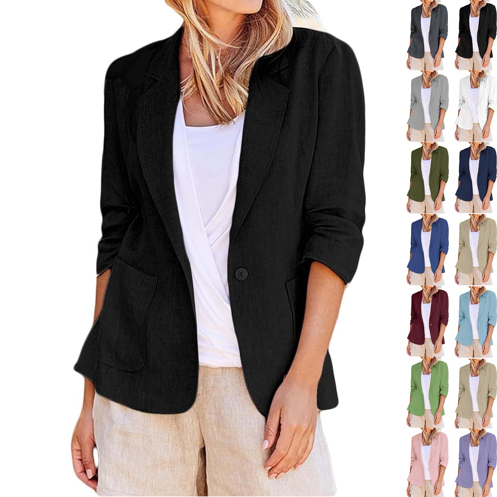 Blazers for Womens Business Casual 3 4 Sleeve Lightweight Linen Blazer Women Slim Fit Open Front Work Office