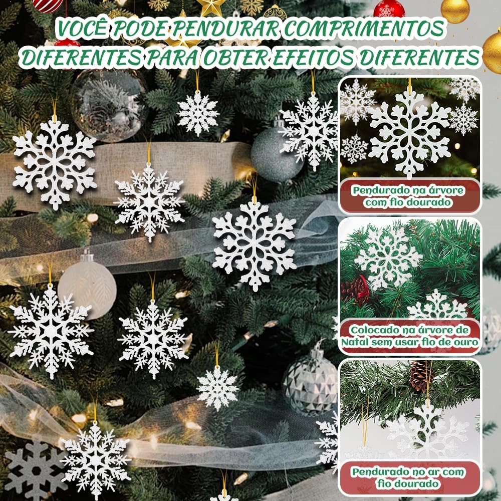 36 Pcs, Decorações de Natal, Natal Decoração, Ornamentos de Floco de Neve de Branco, com Glitter Iridescente Cintilante, de Cordão para Decoração, Floco de Neve, (10cm/16Pcs, 7cm/10Pcs, 5cm/10Pcs)