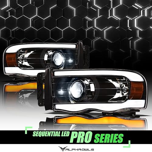 Miniatura 2 de Alpha Owls 8711170 - Faros delanteros de proyector LED completo con barra de luz LED secuencial Switchback y luz de arranque, ámbar negro para Dodge