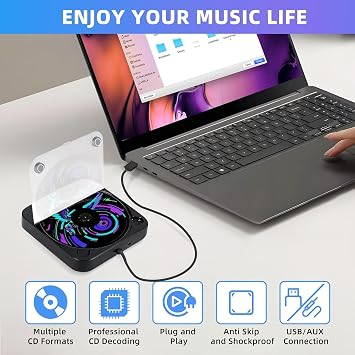 Portable CD Player for Car, External CD Player with USB/AUX, Black