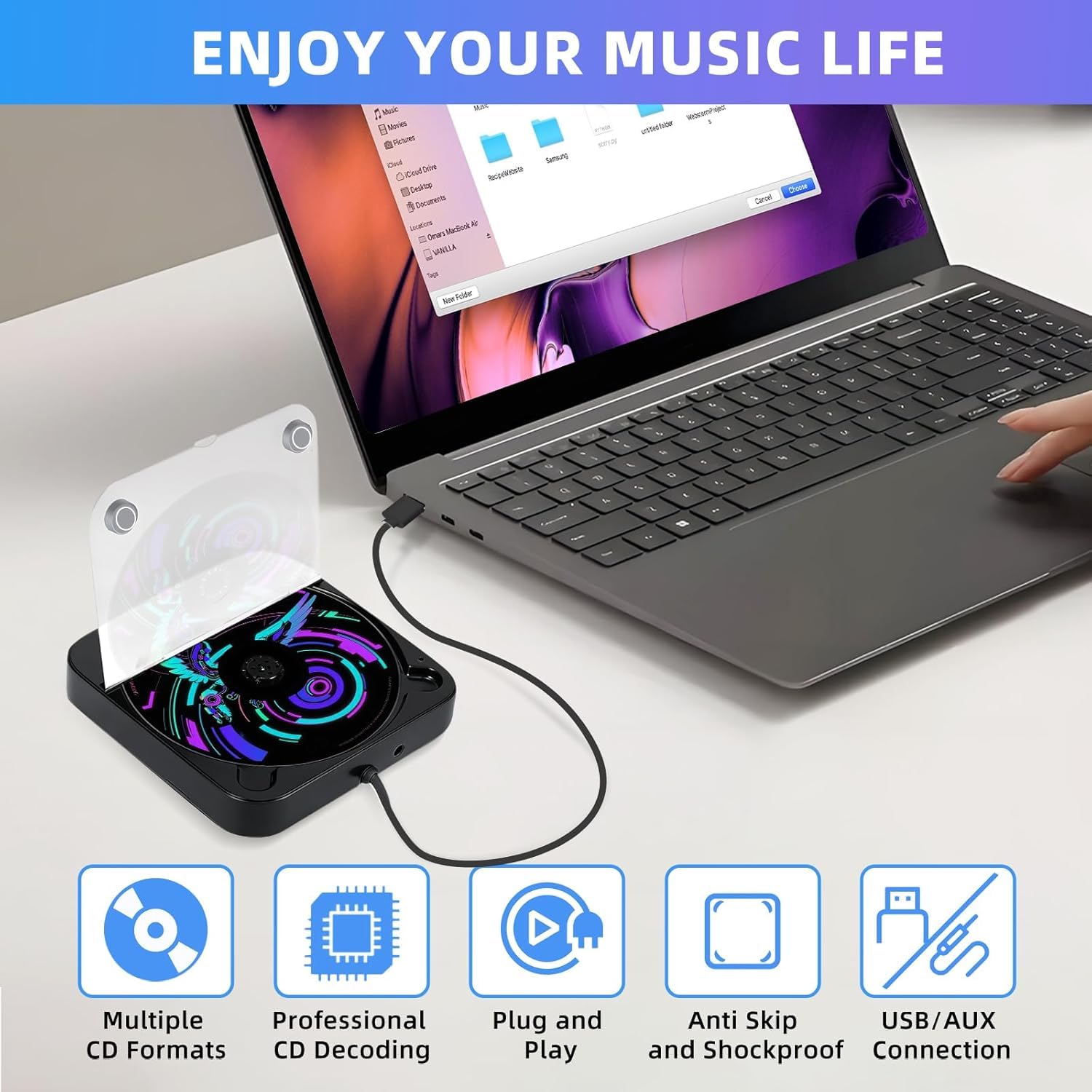 Reproductor de CD portátil para coche, reproductor de CD externo para coche con puertos USB/AUX, antisalto, reproductor de música universal para vehículo, portátil, TV, computadora, Plug