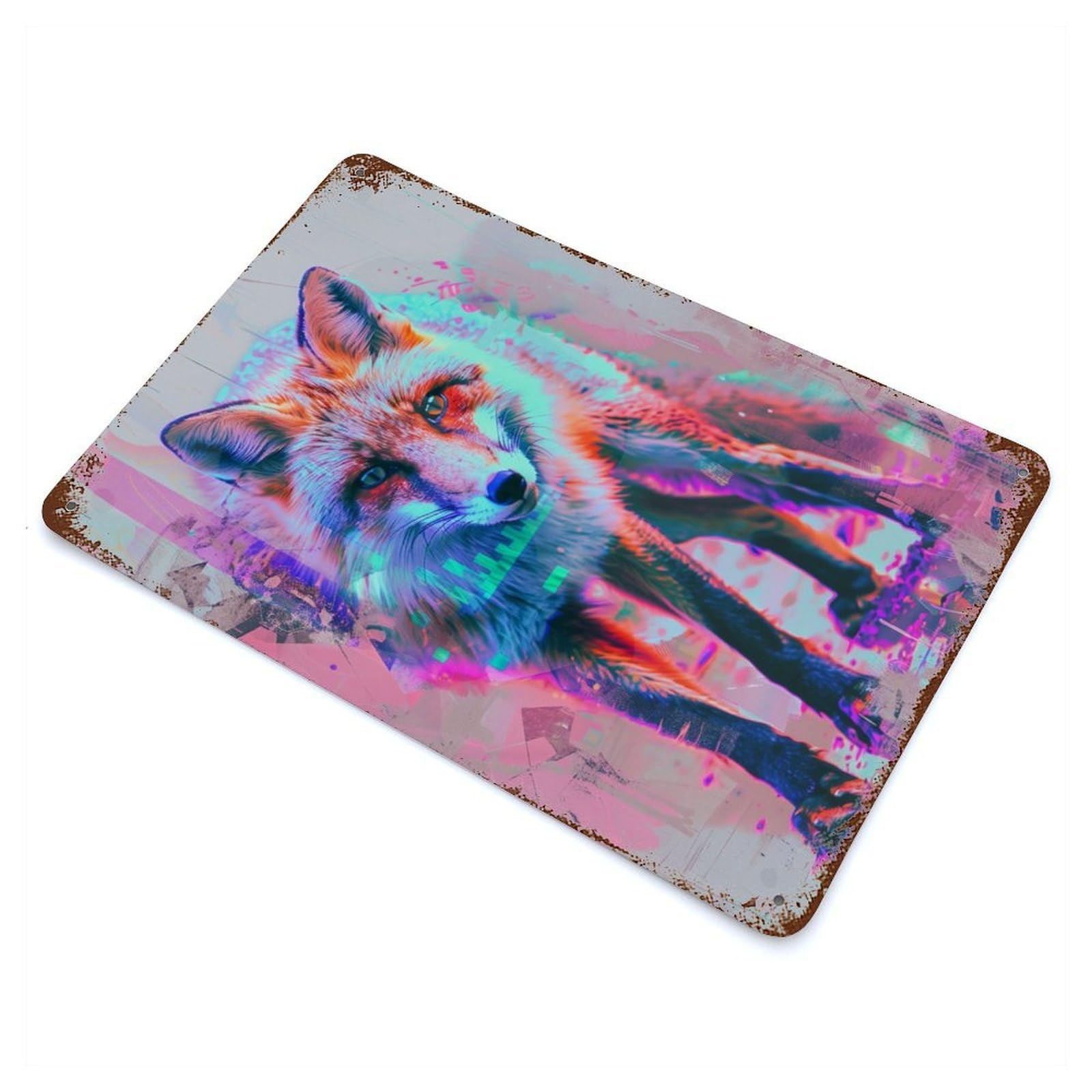 Neon Glitch Fox Decorative Tin Sign 11.8"x7.9", for Bistro, Counter And Cafe Decor, Retro Wall Decor