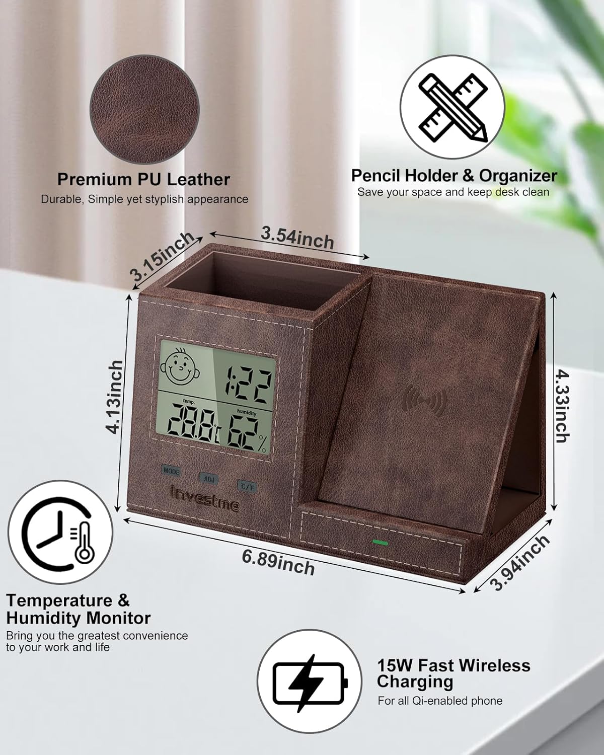 Pen Holder for Desk, Desk Organizer with Wireless Charger, Built in Digital Indoor Thermometer and Humidity Monitor, Multi-Functional Pencil Organizer for Home Office Supplies, Brown