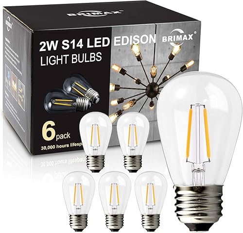 BRIMAX Paquete de 6 bombillas LED de 2 W, filamento LED de plástico, 2700 K blanco cálido, equivalente a 11 W20 W25 W, base media E26, bombillas