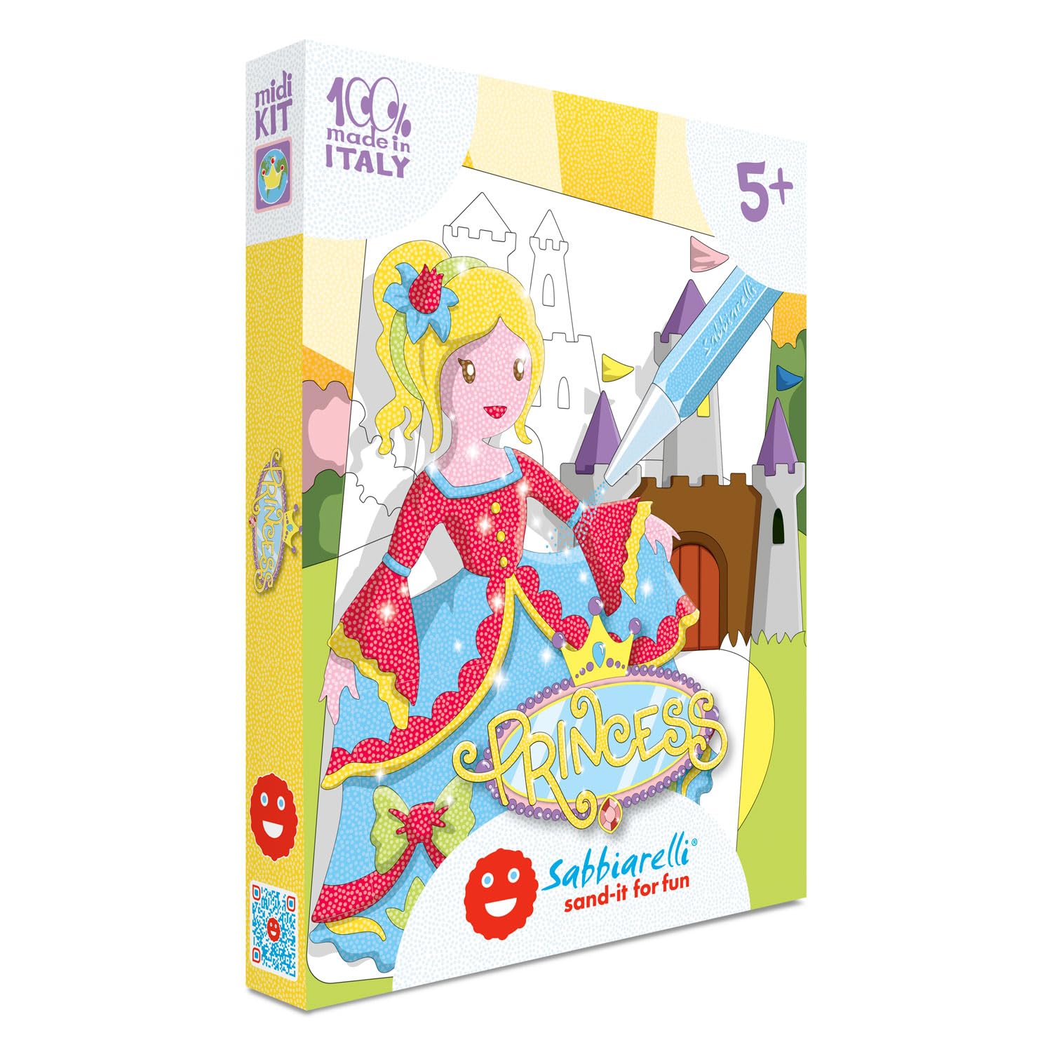 Sabbiarelli – Kit Princess 5+ | Set de Sand Art sur le Thème des Princesses | Contient dessins adhésifs, sable coloré et 2 mini-spatules | 100% Made in Italy | Loisirs créatifs | Filles 5-12 ans
