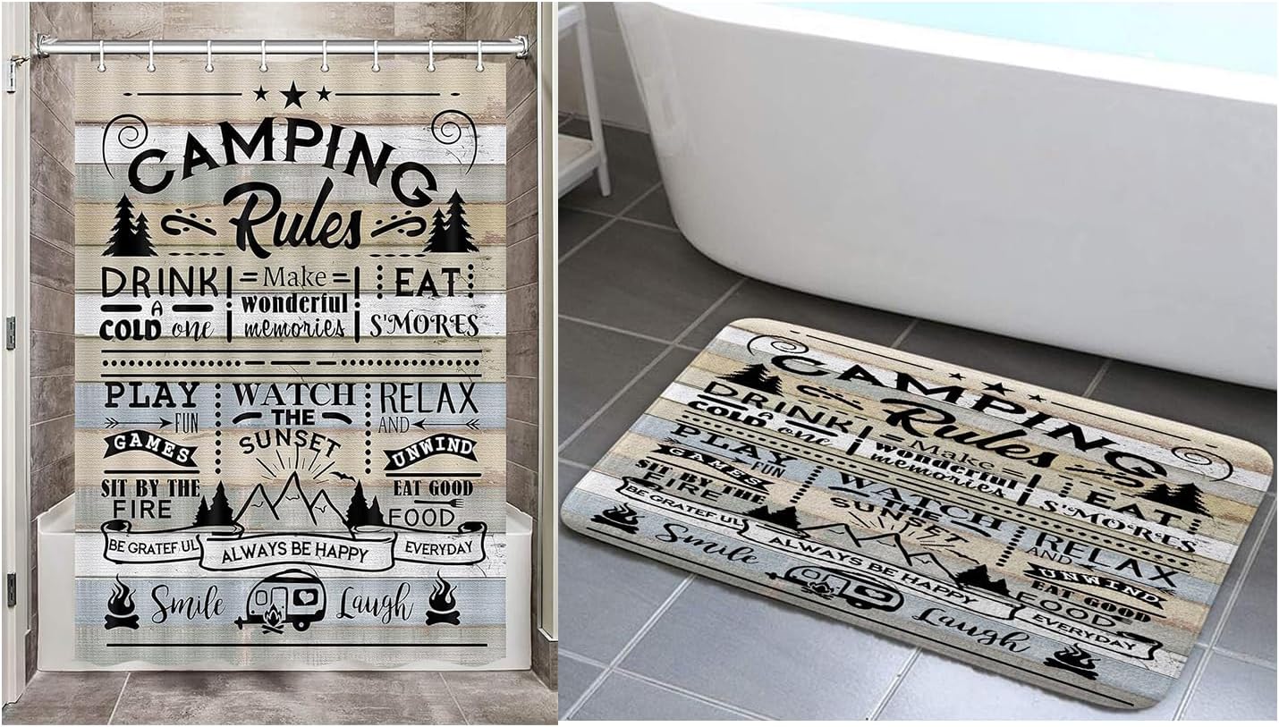 Camper RV Shower Curtain (47X64IN) with Rug (17X29IN) for Travel Trailer Bathroom, Farmhouse Camping Rules Quote Small Narrow Shorter Fabric Shower Curtains Bath Floor Mat Set, Happy Camp Accessories
