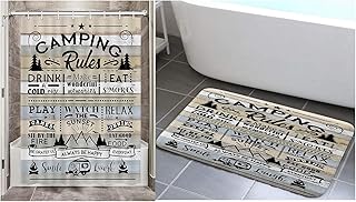 Camper RV Shower Curtain (47X64IN) with Rug (17X29IN) for Travel Trailer Bathroom, Farmhouse Camping Rules Quote Small Narrow Shorter Fabric Shower Curtains Bath Floor Mat Set, Happy Camp Accessories - Buy now