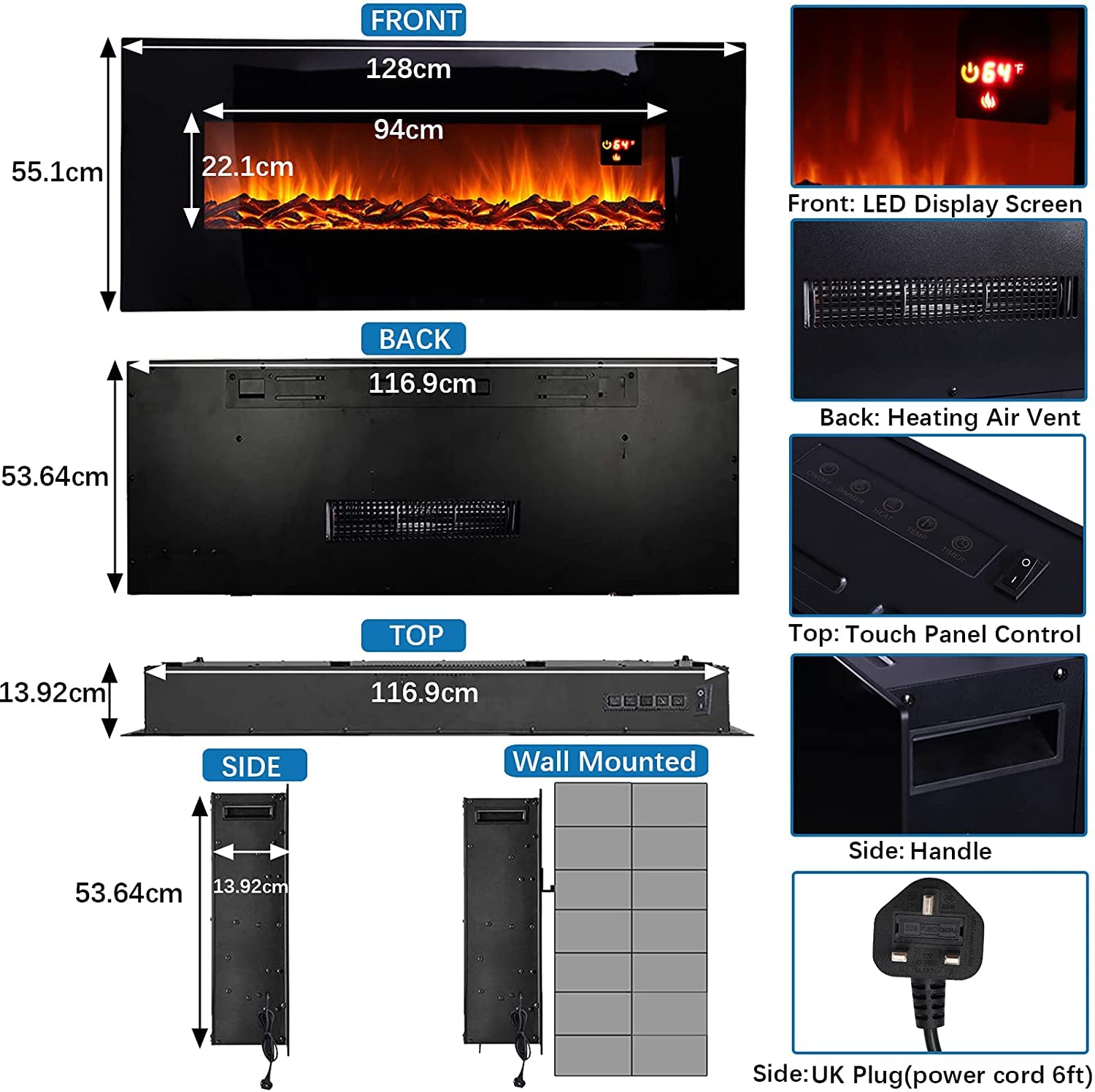 Wall Mounted Electric Fireplace, 50 inch Electric Fire Stove Heater