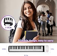 Vista 6 de Piano enrollable de 49 teclas con bolsa de transporte, 8 tonos diferentes, batería de litio recargable incorporada, altavoces integrados de 2 W