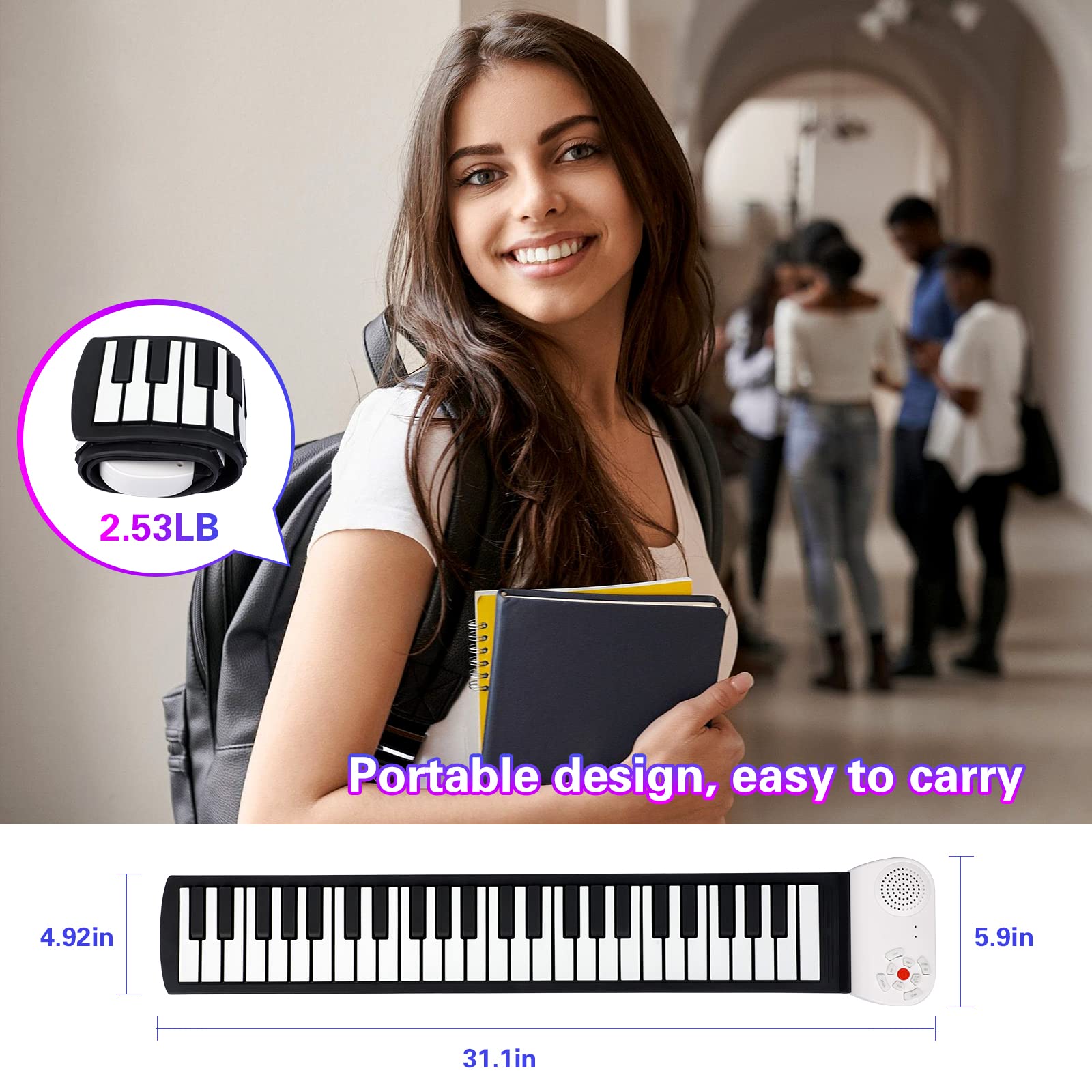 Vhffoso Pianoforte arrotolabile a 49 tasti con borsa per il trasporto, 8 toni diversi, batteria al litio ricaricabile integrata, altoparlanti da 2 W integrati, pianoforte portatile, pianoforte da