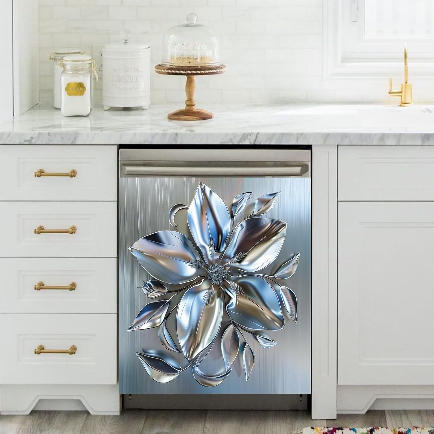 Stainless Steel Flower Pattern Dishwasher Magnetic Cover for Door Front,Unique 3D Effect Refrigerator Magnet Decor Dishwasher Magnet Panel Decal 23 W x 26 H inches