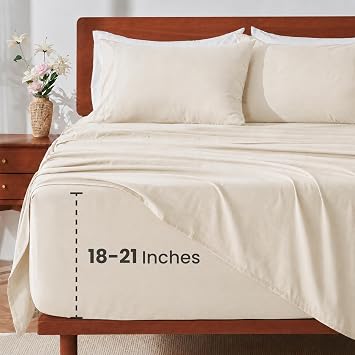 GOKOTTA Extra Deep Pocket Queen Sheet Set - 4 Piece Bed Sheets with Elastic Corner Straps, Fits 18-21 Inches Thick Mattress, Brushed Microfiber - Soft, Breathable, Non Pilling, Wrinkle-Free - Beige