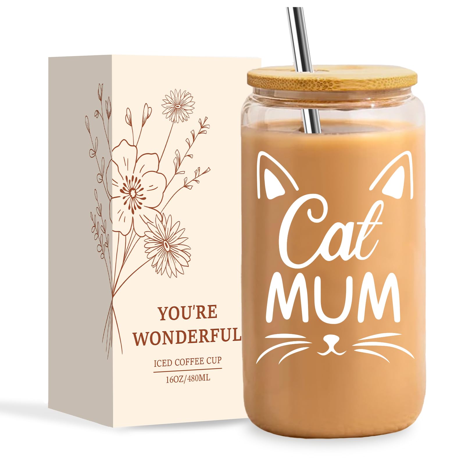 NOOMII Cat Gifts for Mum – Cute 16 oz Iced Coffee Glass Cup with Lid & Straw, Funny Cat Lover Mother’s Day & Birthday Gifts for Mum, Mummy, Mother