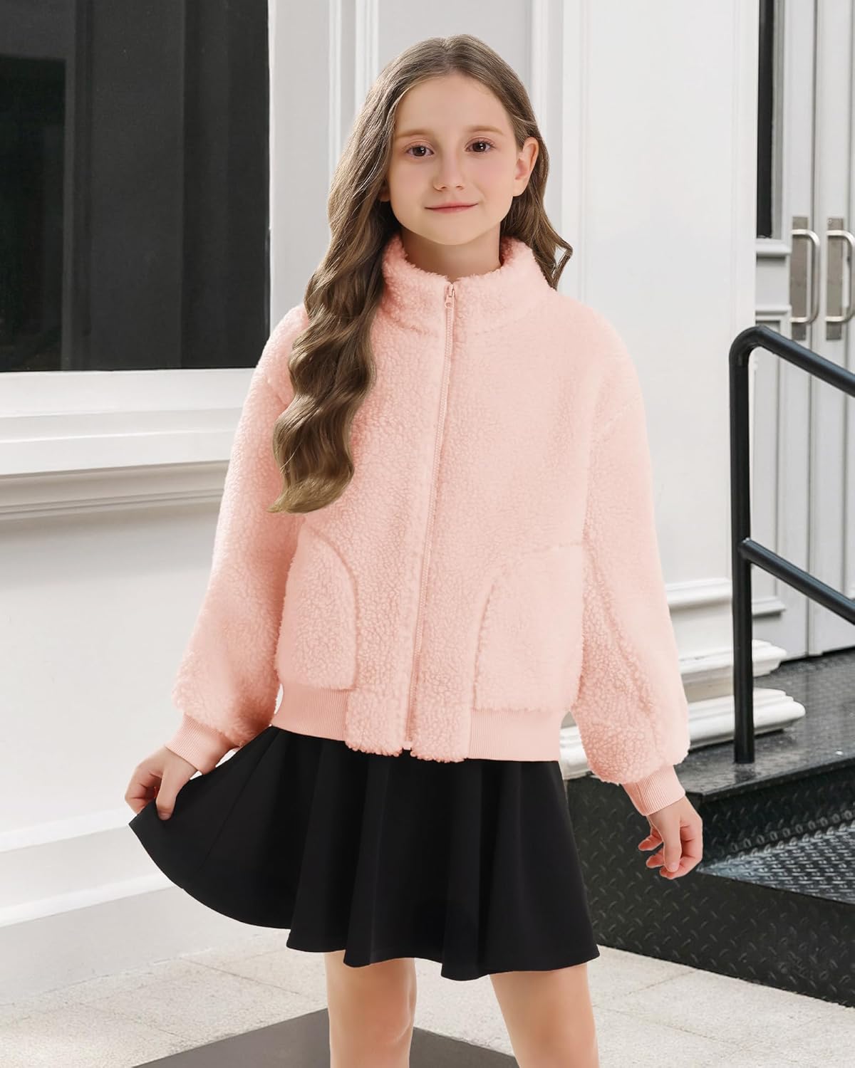 Stelle Girls Sherpa Jacket Fall Fleece Coat Full Zip Winter Fuzzy Outerwear with Pockets for 4-15 Years - Image 5