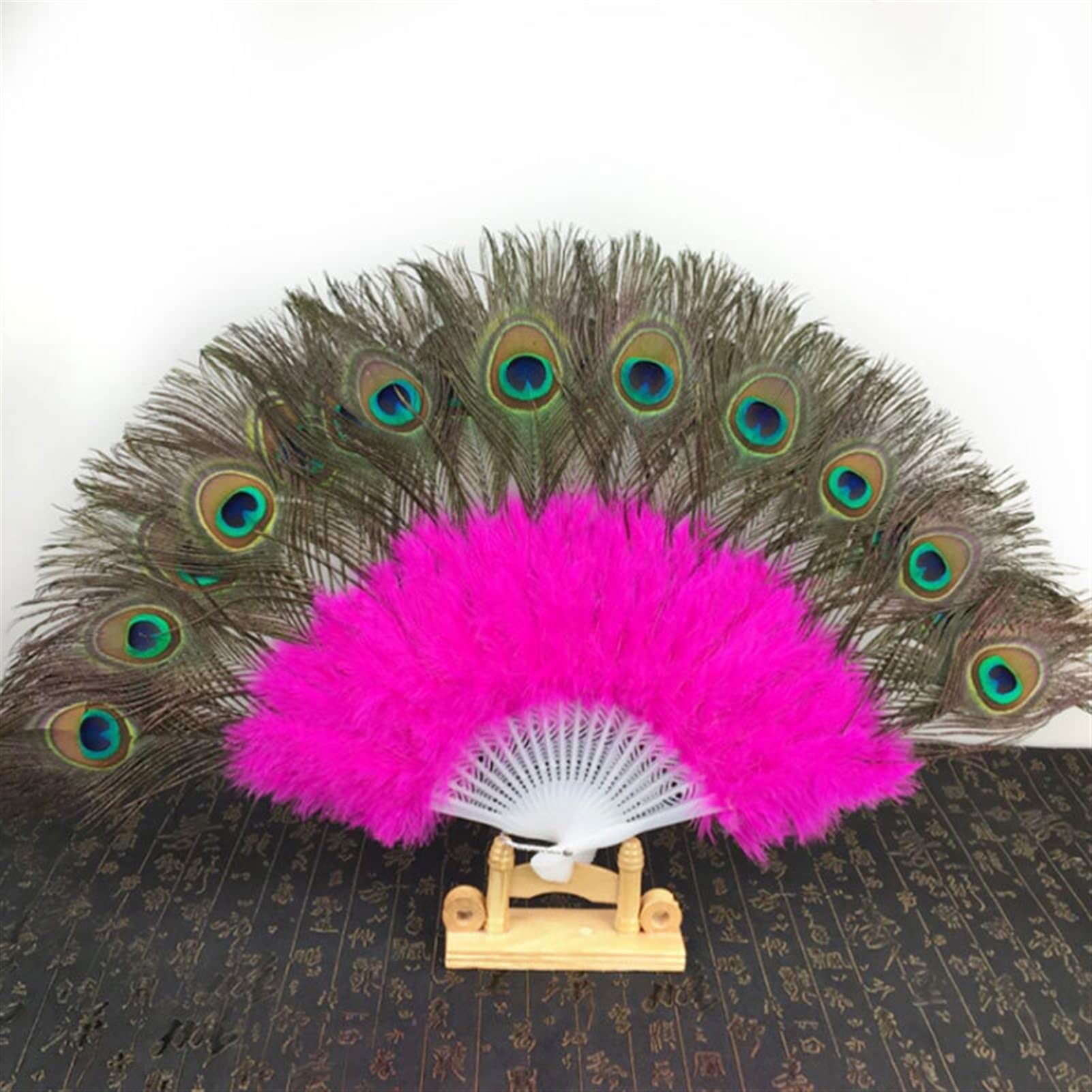 LKLNKVL folding fan, Folding Hand Fan - New Peacock Feather Foldable Dancing Bridal Wedding Party Props Supply Decorative Fans Woman Accessories(Rosered)