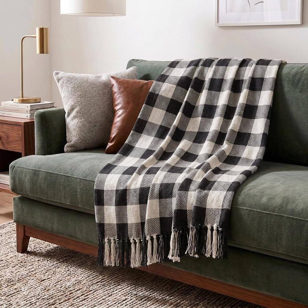 Americanflat 50x60 Throw Blanket - Soft and Breathable Cotton Throw Blanket for Couch, Bed, Chair - Decorative Blankets Perfect for Home, Office, or Outdoor Use - Black, Cream and Beige Plaid Design