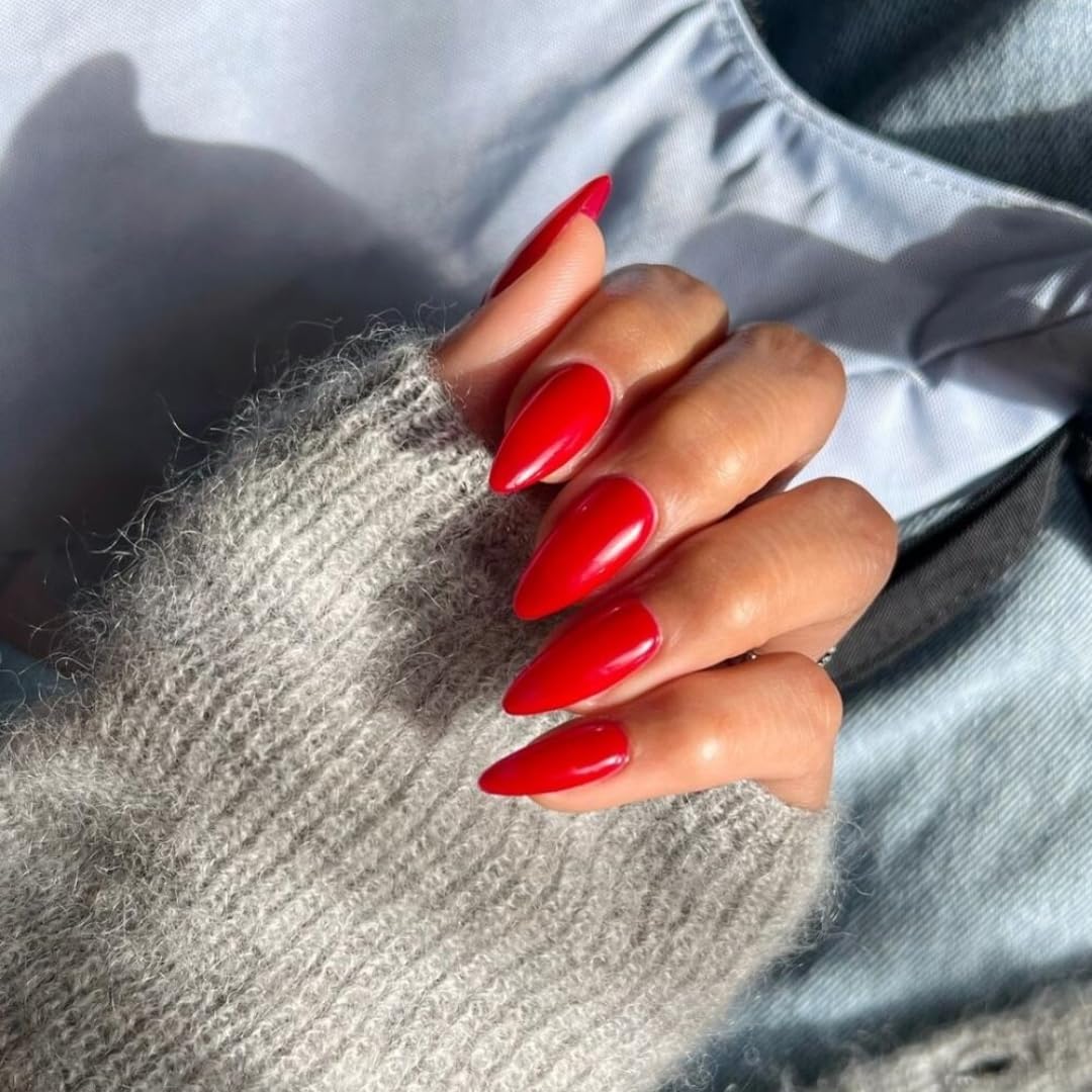 SXVME 48 Pcs Red Press on Nails Almond Medium Acrylic False Nails Medium Stiletto Natural Fake Nail Set Elegant Solid Color Full Cover Glossy Gel Stick on Nails for Women Daily Wear - Image 2