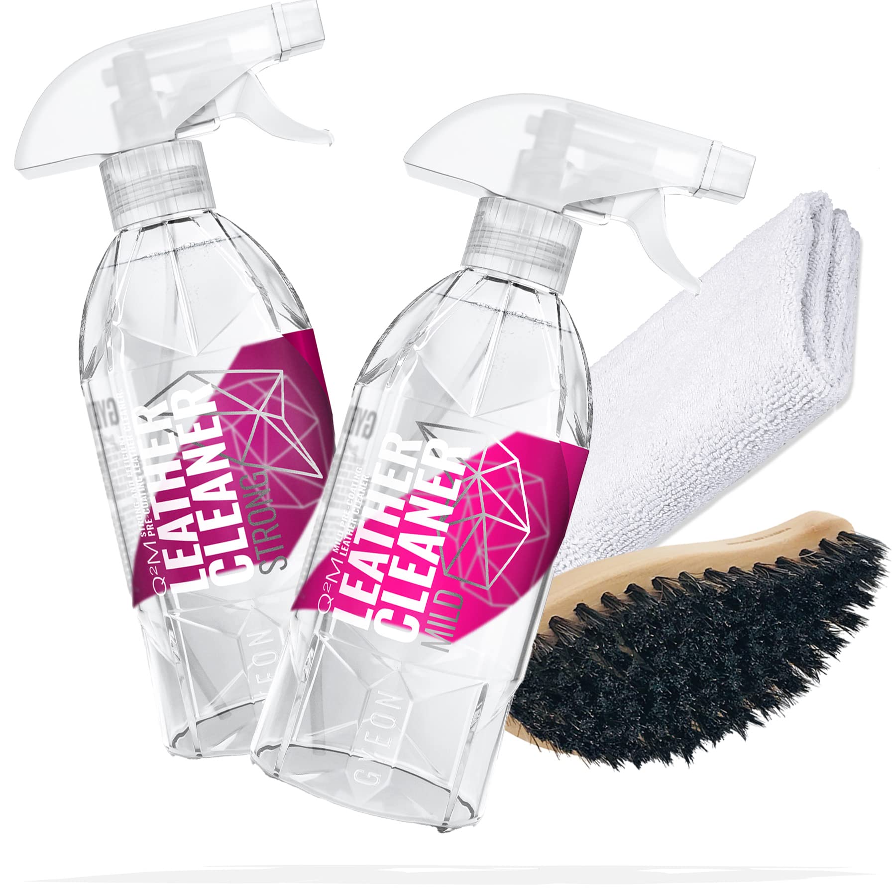 detailmate Auto Leder Pflege Set: GYEON LeatherCleaner 500ml strong/mild + GYEON LeatherBrush + Microfasertuch 320GSM 40x40cm