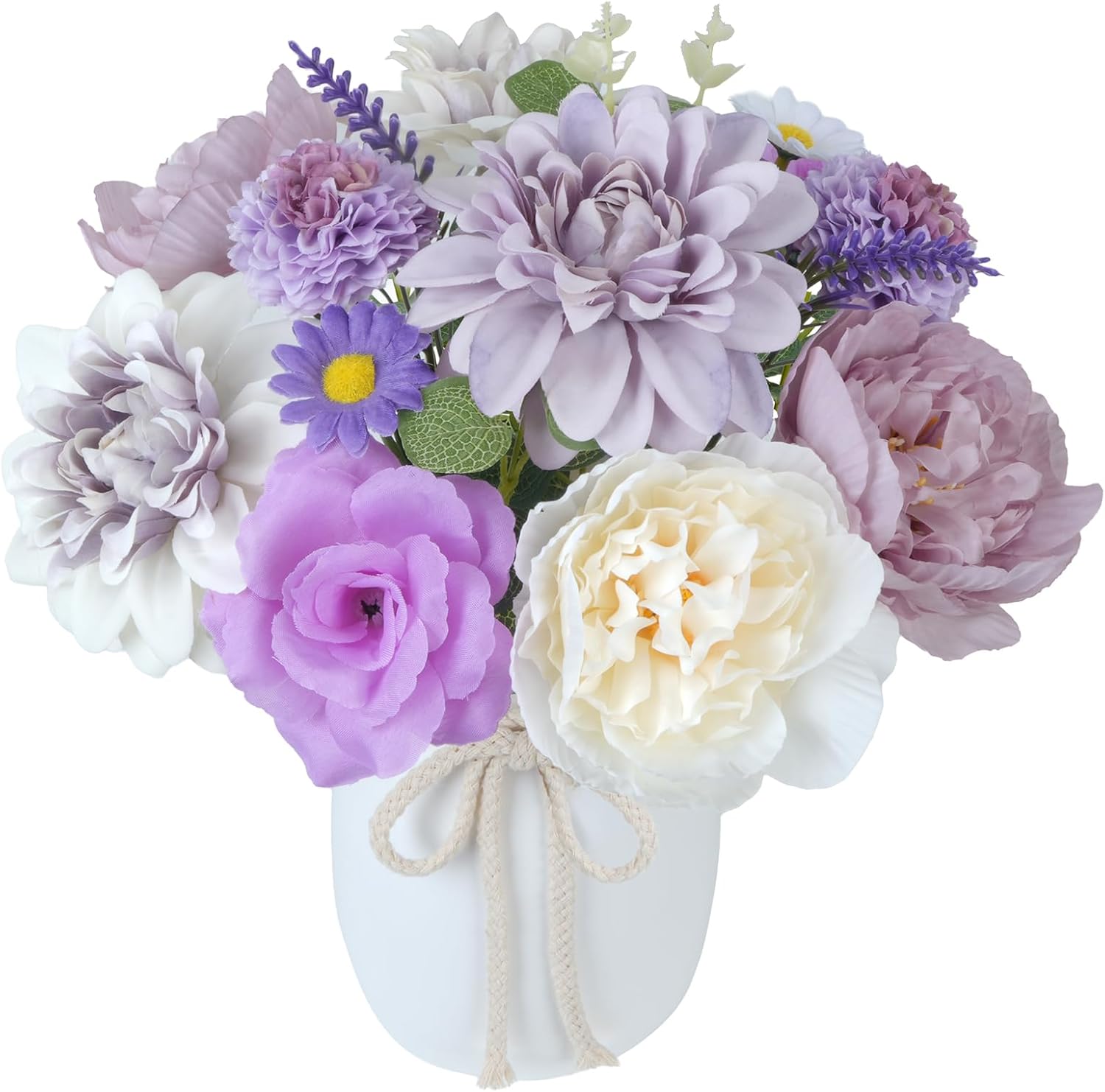 18Pcs Fake Flowers in Vase Purple Fake Peonies with Dahlia Rose Carnation Artificial Flowers with Vase for Home Wedding Party Table Centerpieces Indoor Outdoor