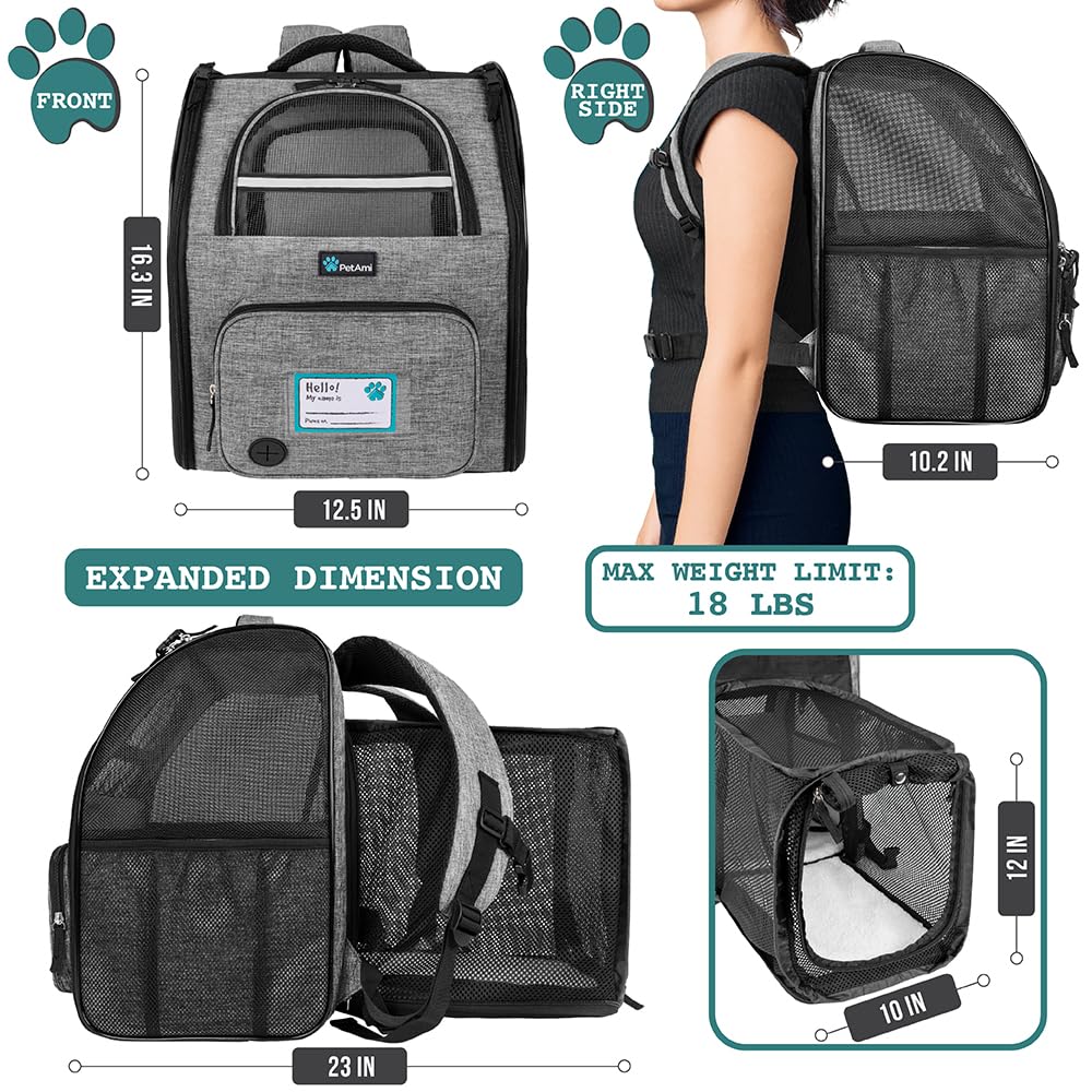 PetAmi Dog Cat Backpack Carrier, Expandable Pet Carrier Backpack for Travel Hiking, Small Medium Dog Puppy Large Cat Carrying Backpack, Airline Approved Ventilate Soft Back Support, 18 lbs, Light Gray - image 2