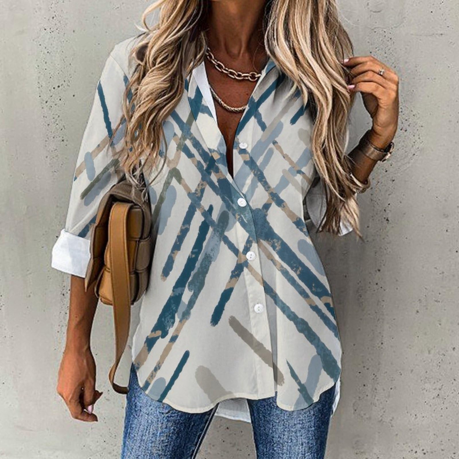 Camicia a Donna Manica Lunga Linee Diagonali Blusa Moda