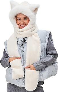 Cute Cat Ears Winter Hat, 3 in 1 Plush Animal Hat with Mittens & Scarf, Faux Fur Hood for Kids Adults - Buy now