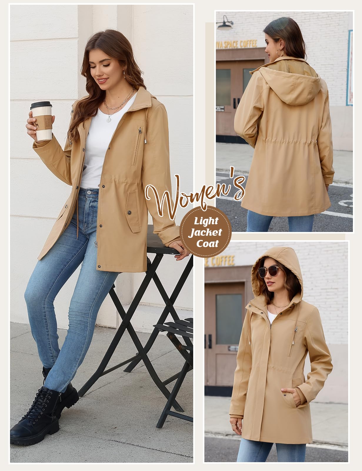CMTOP Giacca da Donna Leggero Idrorepellente Giacca Mezza Stagione Donna, Elegante Zip Up Giacchetto Media Lunghe Militare Giubbotti Parka Jacket con Cappuccio e Molte Tasche