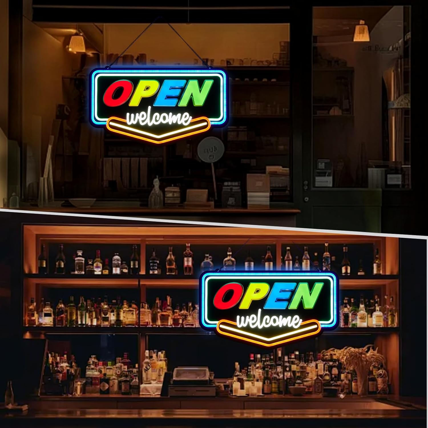 Open Sign for Business LED Neon Light – Ultra Bright Wall Hanging Welcome Sign with Colorful Letters, Plug-In with Power Adapter for Store Window Shop Bar, 20x11 Inch