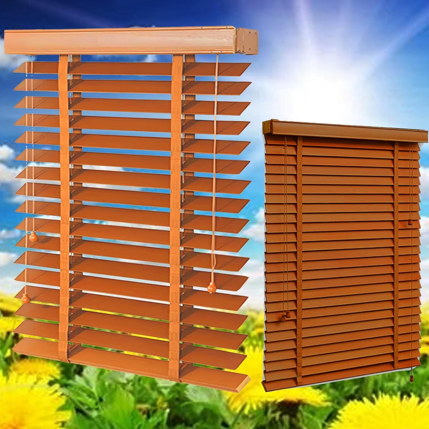 Natural Blackout Wooden Window Blinds Cordless, Home Faux Wood Window Shades, 13-75 in Wide 20-90 in Length,Horizontal Wood Blinds for Bedroom, Kitchen, Office(Light Brown)