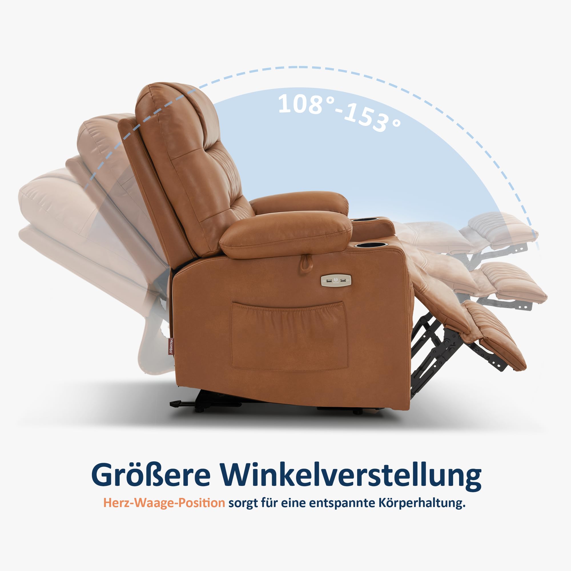 M MCombo Relaxsessel mit Liegefunktion, Fernsehsessel Elektrisch Verstellbar, TV Sessel, Recliner Chair, Atmungsaktiver Kunstleder, USB & Getränkehalter, Wohnzimmer, 7033 (Braun)