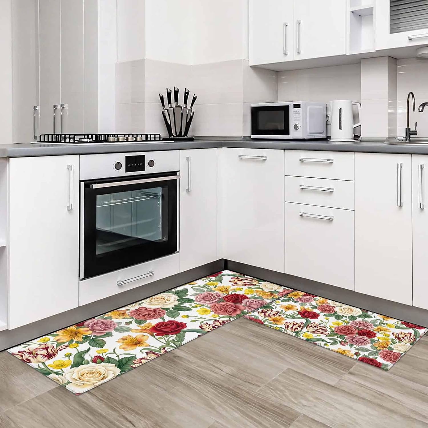 Kitchen Mats for Floor Watercolor Flower Garden Rose Washable Non Slip Kitchen Rugs 2PCS, Blossom Floral Leaves Absorbent Standing Mats for Sink Bathroom Office Living Room 15.7x23.6in+15.7x47.2in