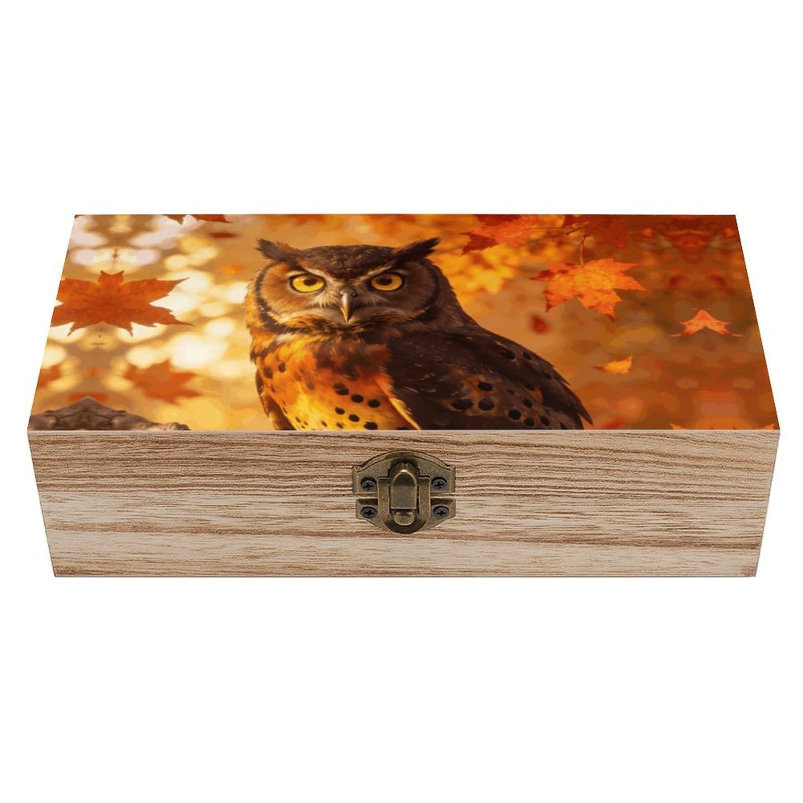 LZQPOEAS Fall Owl Wooden Storage Box Small Decorative Box with Hinged Lid Handmade Elegant Keepsake Storage Box for Jewelry, Photos, Trinkets, Letter Gifts, Small Heirlooms