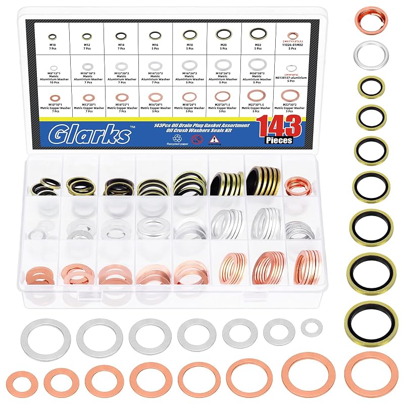 Kit de juntas de esmagamento para bujão de óleo Glarks G-3744 com 10 tamanhos – 143 peças