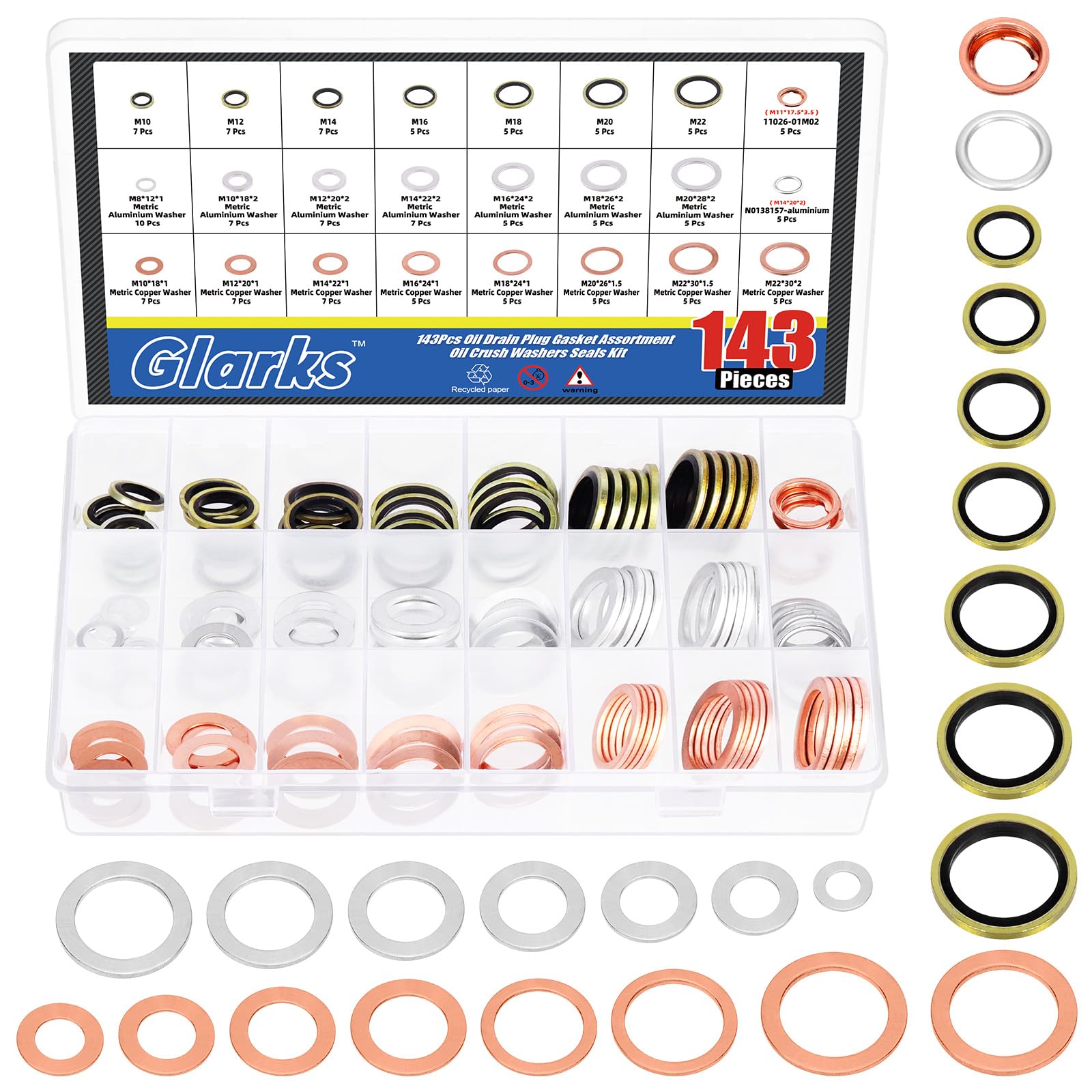 Glarks 143pcs 10 Sizes Automotive Oil Drain Plug Gasket Kit M8 M10 M12 M14 M16 M18 M20 M22 Aluminum Copper Steel Oil Crush Washer Seal Oil Drain Plug