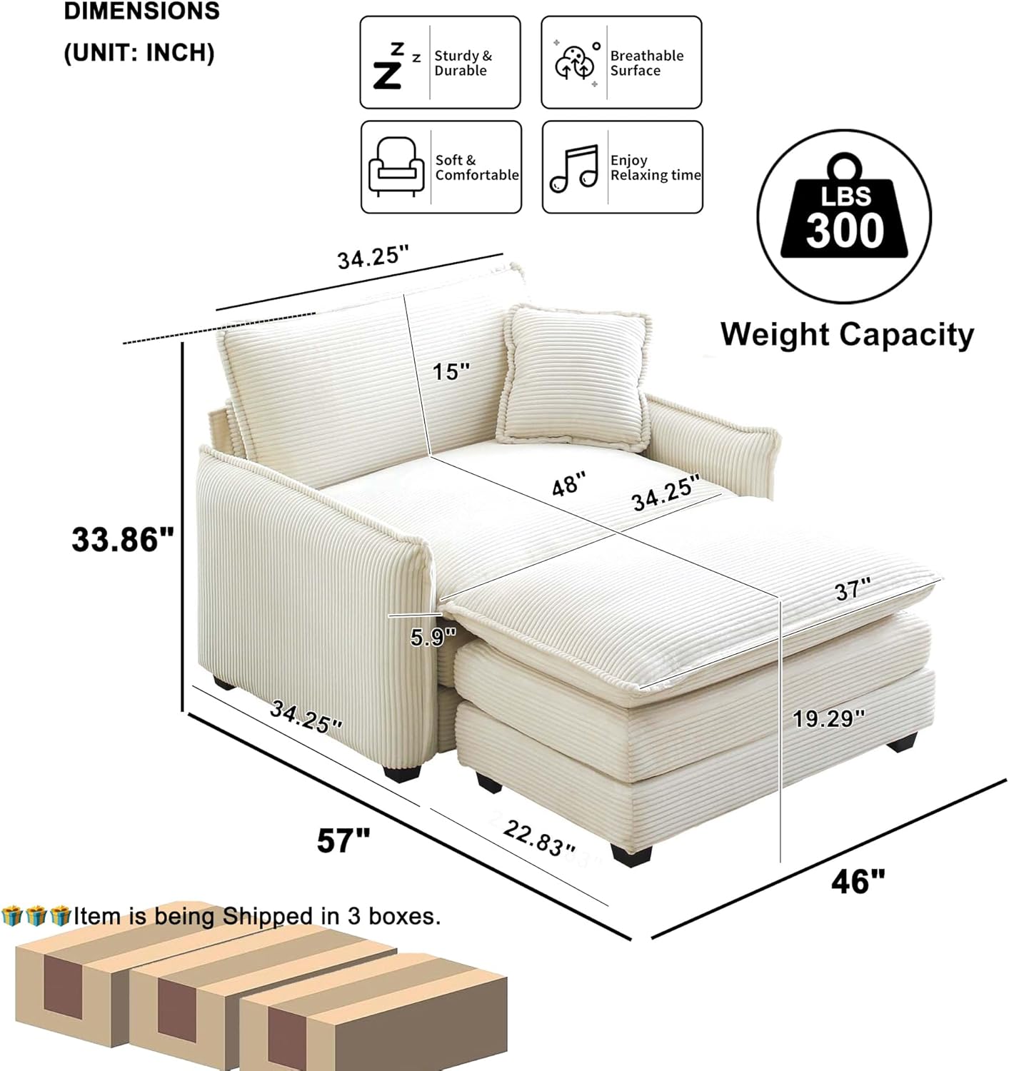Oversized Soft Accent Chair with Ottoman, Corduroy Comfortable Single Deep and Wide Seat Memory Foam Sofa Chaise Lounge Chair with One Pillow for Living Room, Bedroom, Club (Beige)