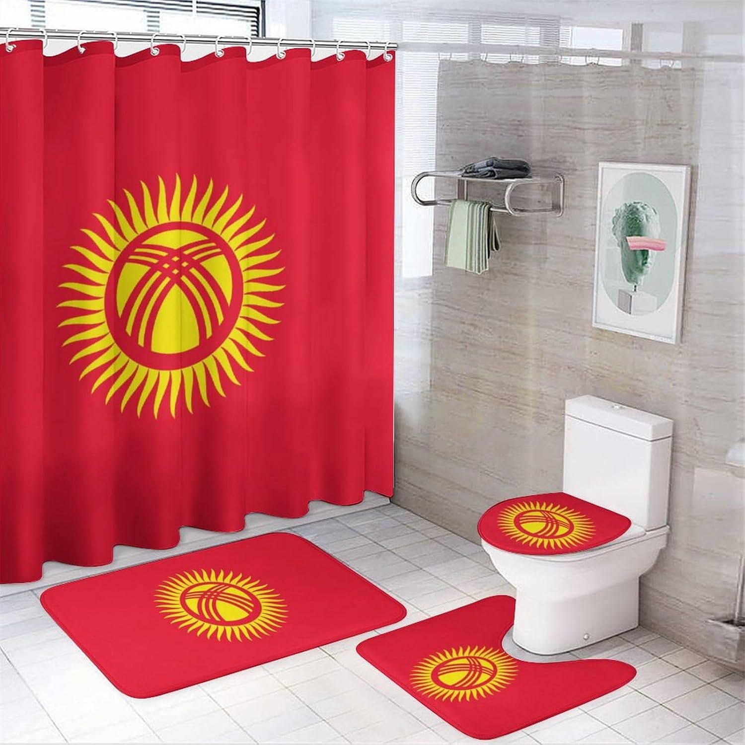 Kyrgyzstan Kyrgyz Flag Yellow Sun Modern Bathroom Sets with Shower Curtain and Rugs Decor 4 Pcs with 12 Hooks