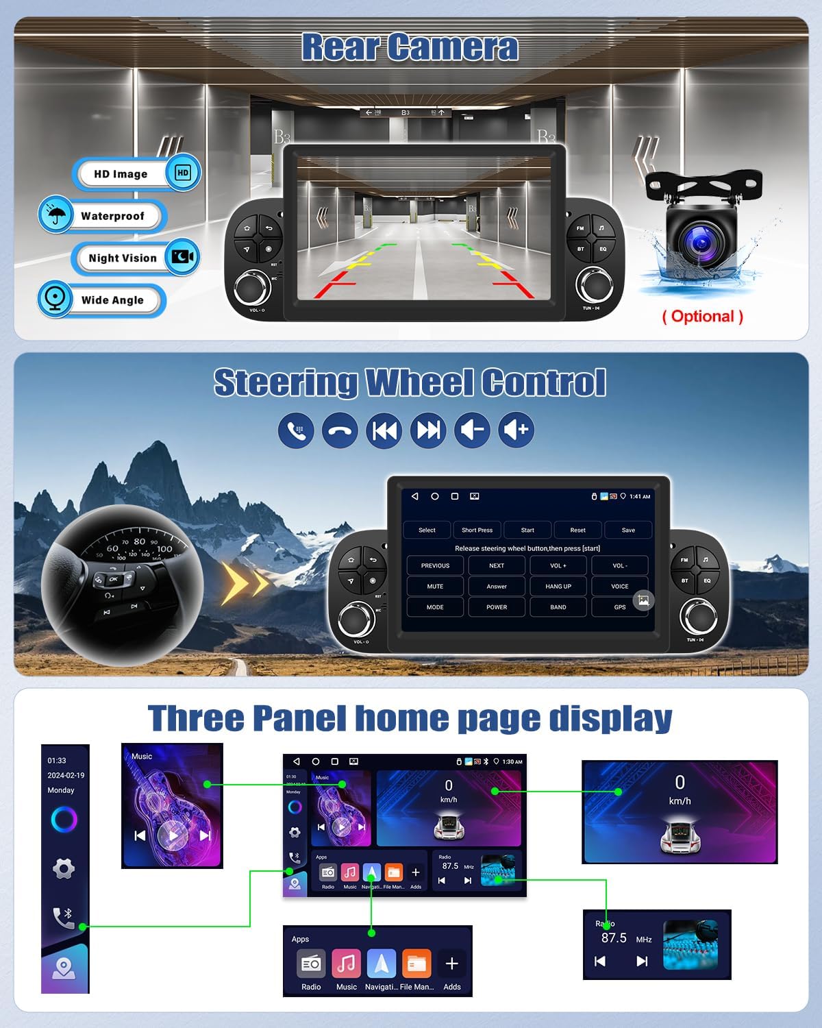 CAMECHO Autoradio showing rear camera view, steering wheel control setup, and a three-panel home page display.