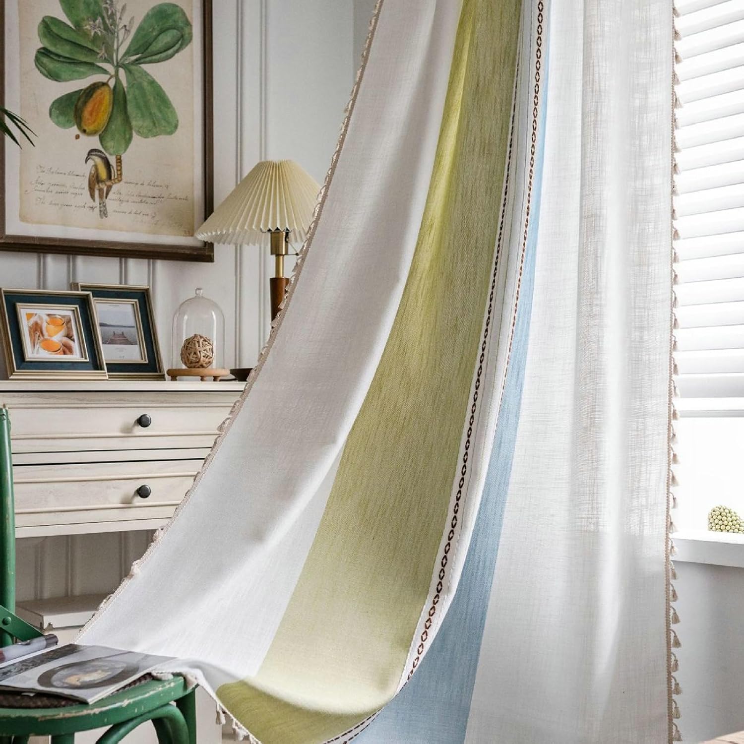 Daesar Semi Blackout Curtains for Bedroom 2 Panels Set, Cotton Grommet Window Curtains 52" W x 18" H Drapes Striped Embroidered with Tassels Blue Green Blackout Curtains for Living Room