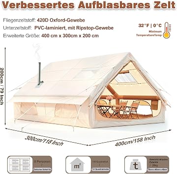 Inflatable Camping Tent with Pump, 420D Oxford Glamping Inflatable Tent for Camping, Waterproof up to 3000 mm, 4 Seasons, Windproof, Anti-UV Oxford Cabin Tent with Mesh Windows and Doors for 2-10