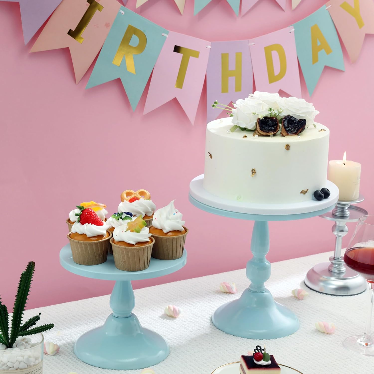 Set of 3 Blue Cake Stands, Metal Round Cake Holder Dessert Pie Pizza Display Stand 8" 10" 12" Serving Tray Decoration for Wedding Celebration Party Birthday Baby Shower