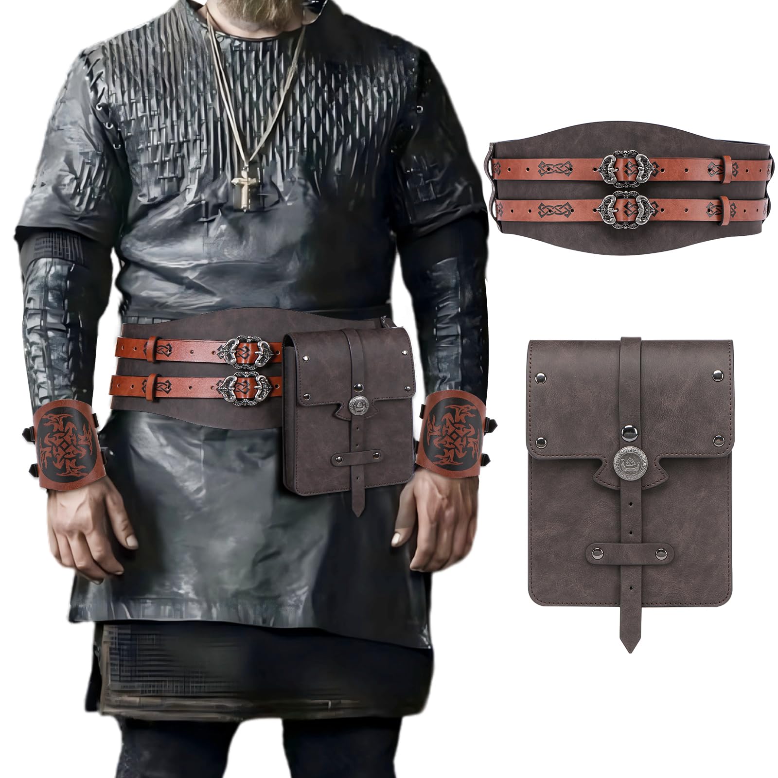 Jigglyjoo Renaissance Accessories Set – Medieval Belt, Leather Bracers & Belt Pouch for LARP, Renaissance Fair & Cosplay