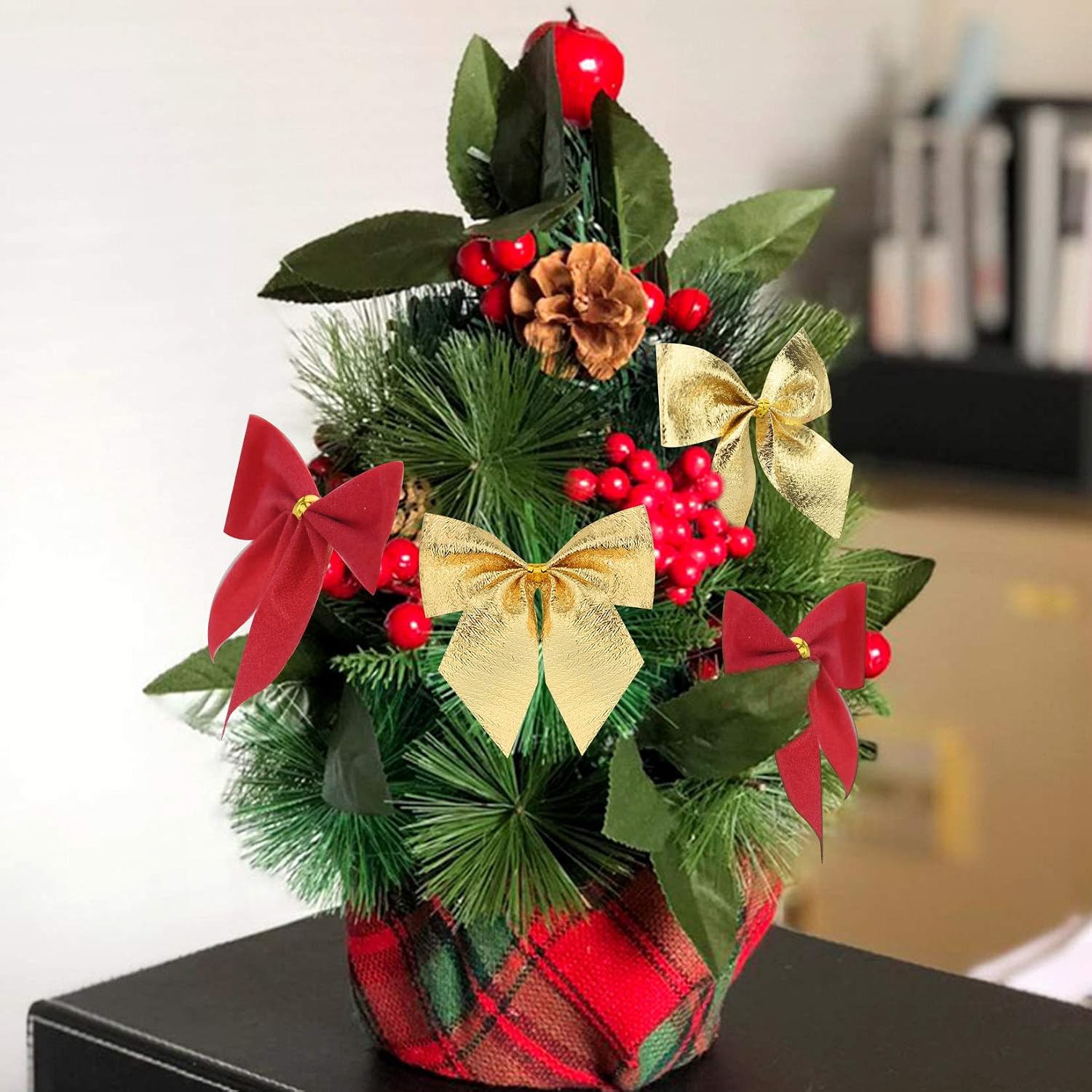 90 Pcs Christmas Tree Bows, Fengek 2.36 Inch Mini Ribbon Bows Ornaments for Christmas Decoration Gift Wrap Supplies, Multicolor A