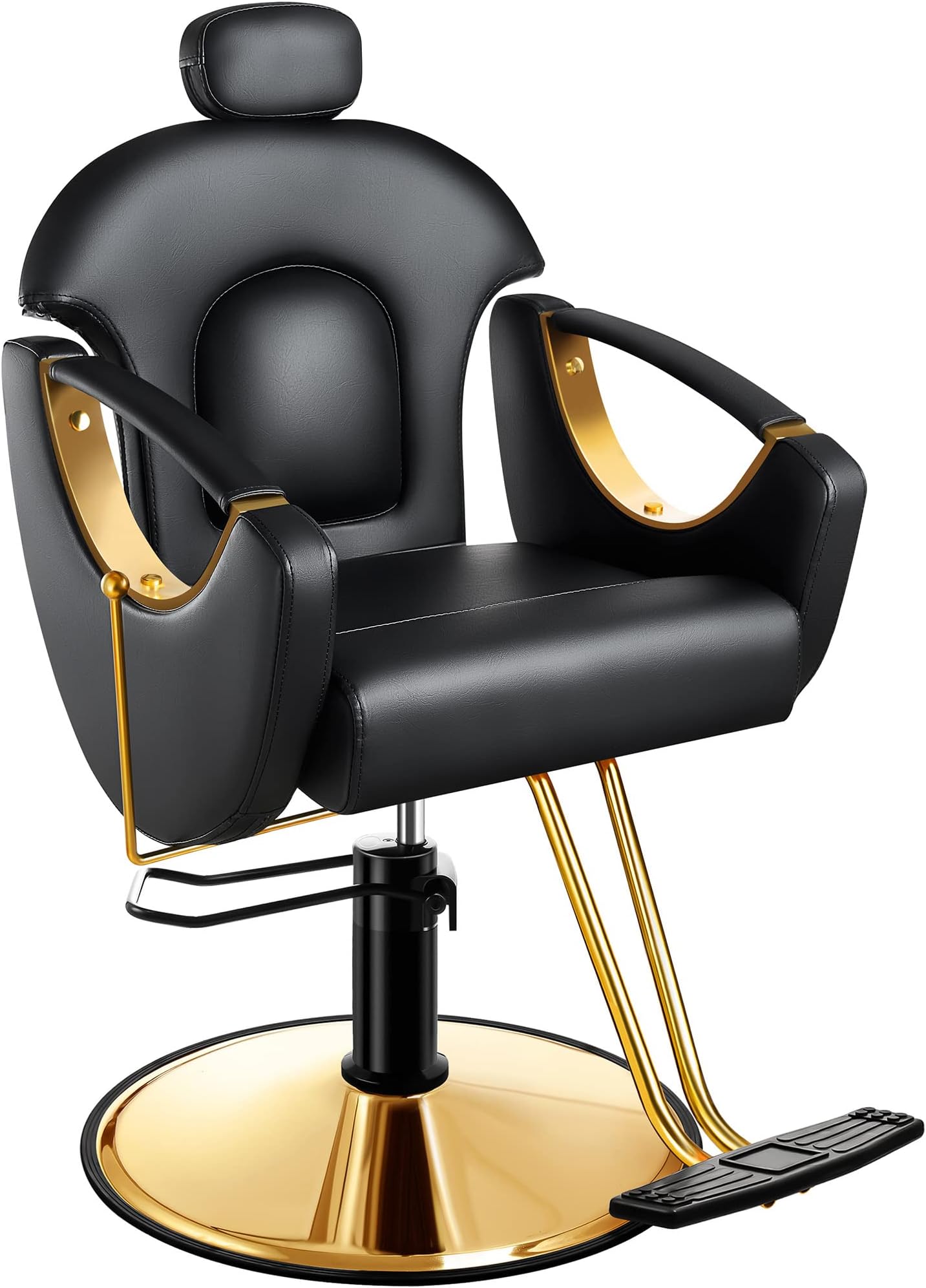 Baasha Ergonomic Reclining Hair Salon Chair, Gold Styling, Removable Headrest, 360 Swivel, Black