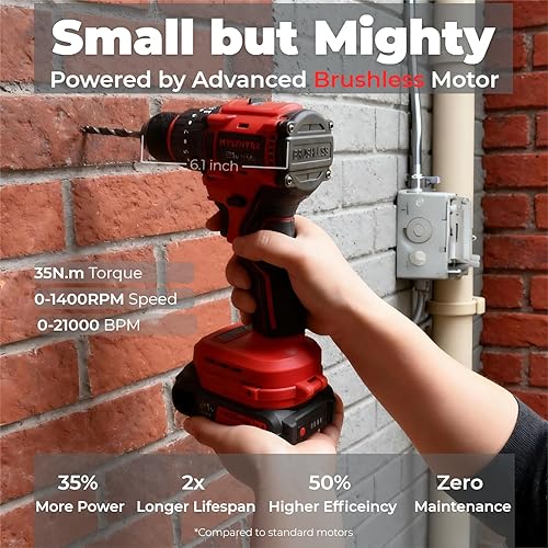 Miniatura 3 de Kit de taladro de martillo 3 en 1 sin escobillas máximo de 21 V, par de 35 N.m (310 pulgadas-libras), 2 baterías de 2.0 Ah, cargador rápido,