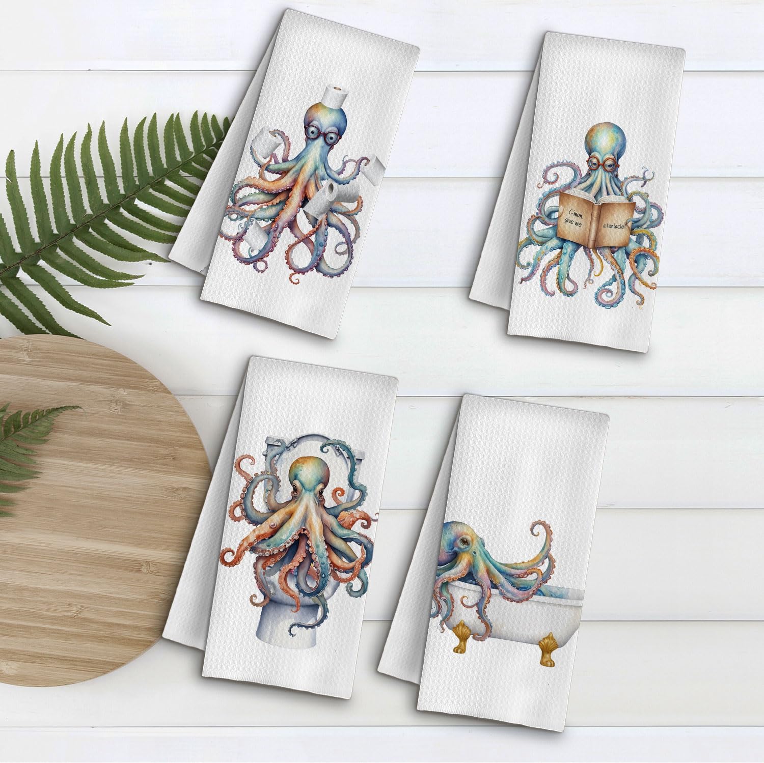 Funny Octopus Bathroom Hand Towels, Coastal Beach Bathroom Decor, Ocean Octopus Nautical Beachy Decorative Hand Towels for Washroom Toilet Restroom, 16x24 Inches Set of 4