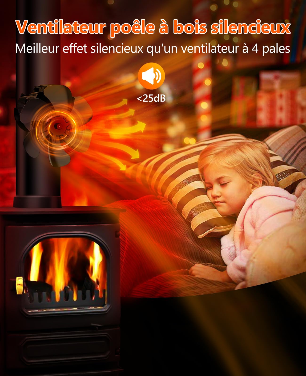 Ventilateur Poele à Bois 6 Pales, Silencieux Ventilateur de Poele, Ventilateur Cheminée pour Bois/Bûches/Foyer/Tuyau de Poêle avec Thermomètre et 1 Pièce de Rechange Anneau