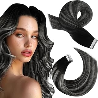 Tape in Hair Extensions Real Human Hair Balayage Tape in Human Hair Extensions Off Black to Silver Mix Black Pu Skin Weft Tape ins Extensions Remy Hair 24inch #1B/Silver/1B 20pcs 50g